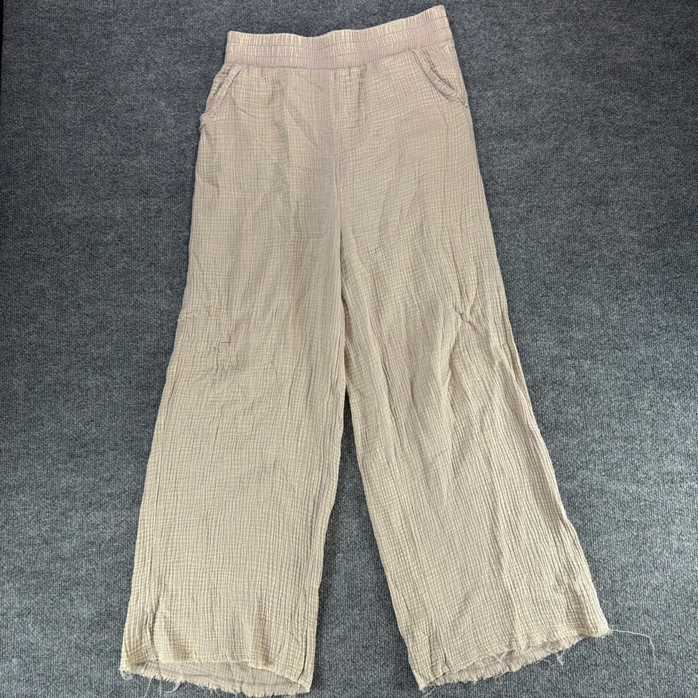 Zenana Women Tan Cotton Gauze Wide Leg Pants Elastic Waist Raw Hem Large‎ Summer